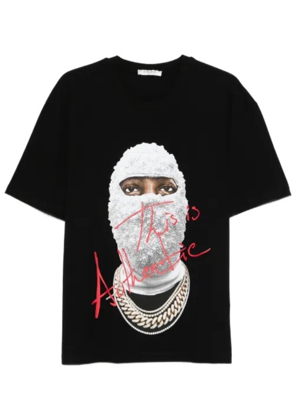 Ih Nom Uh Nit Graphic Tee with White Mask Print and Red Script
